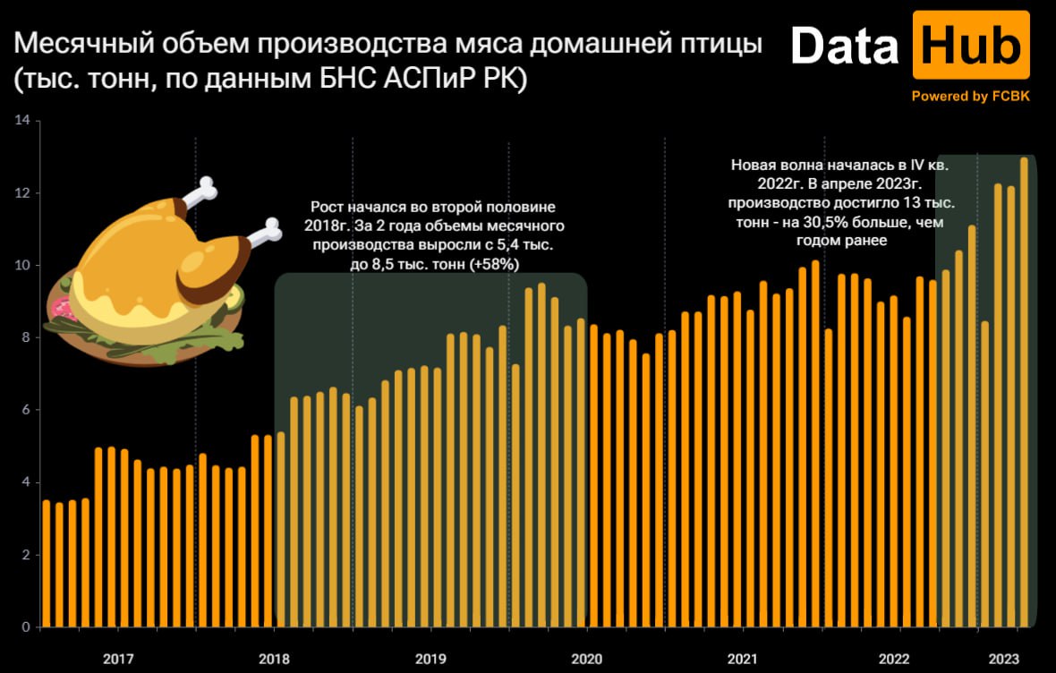 Казахстан впервые за 10 лет произвел почти 13 тысяч тонн мяса домашней птицы