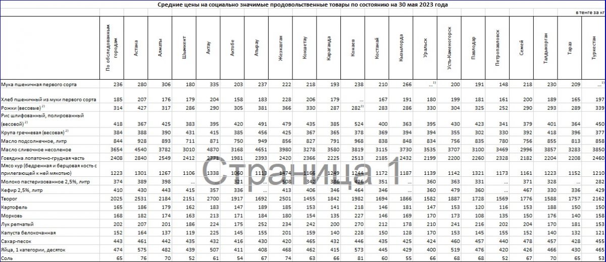Цены на СЗПТ на 30 мая 2023 года. Таблица: БНС РК.