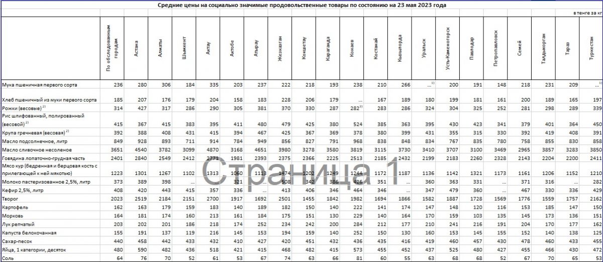 Цены на СЗПТ на 23 мая 2023 года. Таблица: БНС РК.