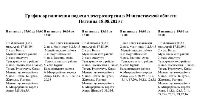 В Мангистау опубликован график отключения электроэнергии
