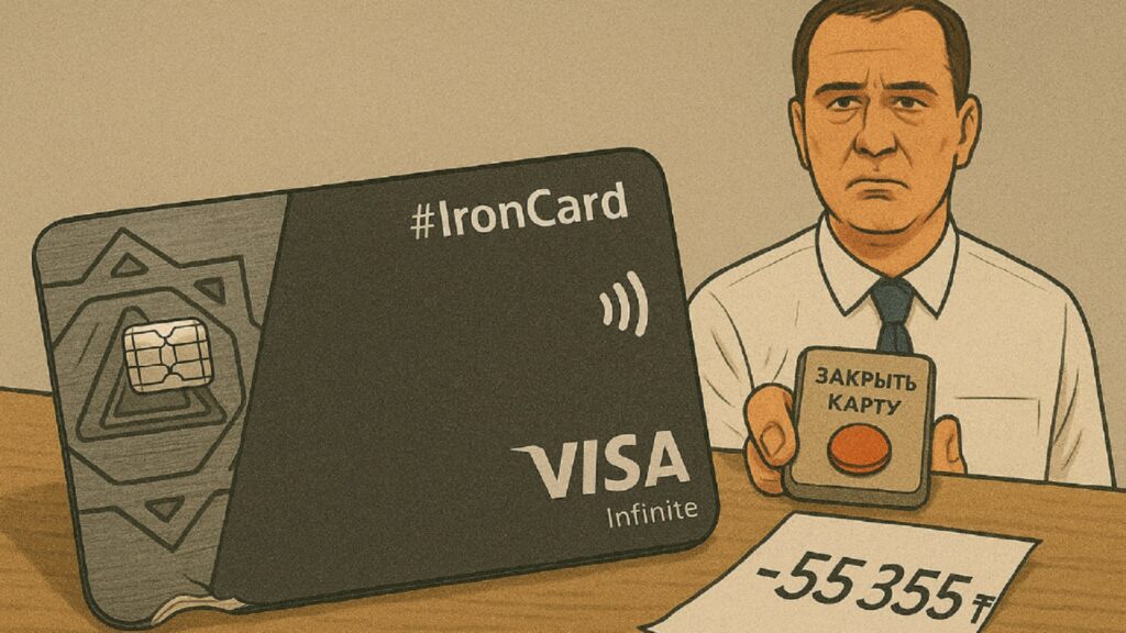 Банковская карта Iron Card лежит на столе. Но карта сделана будто из картона — на углу она помята и треснута. Рядом лежит чек с надписью «—55 355 ₸». На заднем плане — менеджер банка с пустым взглядом, у него в руках пульт с одной кнопкой «Закрыть карту». Других кнопок на пульте нет.