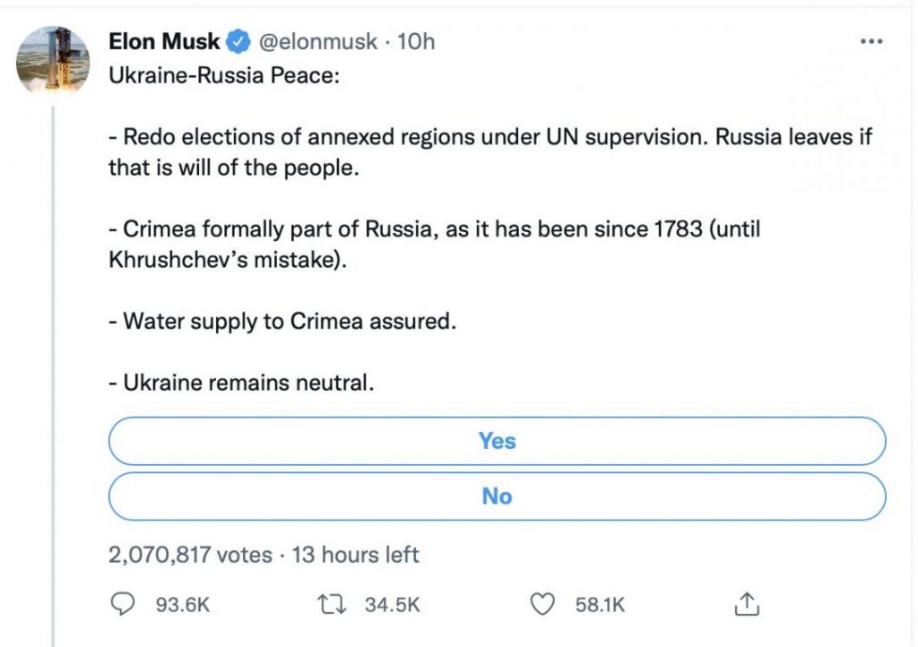 Илон Маск предложил решение конфликта России и Украины, акции Tesla упали на 9%