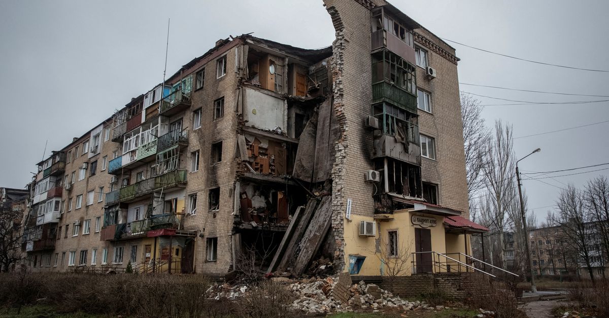 A view shows a residential building damaged by a Russian military strike in Bakhmut