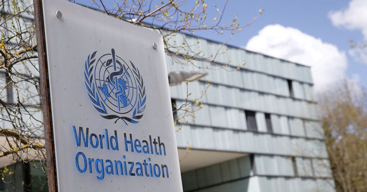 A logo is pictured outside a building of the WHO in Geneva