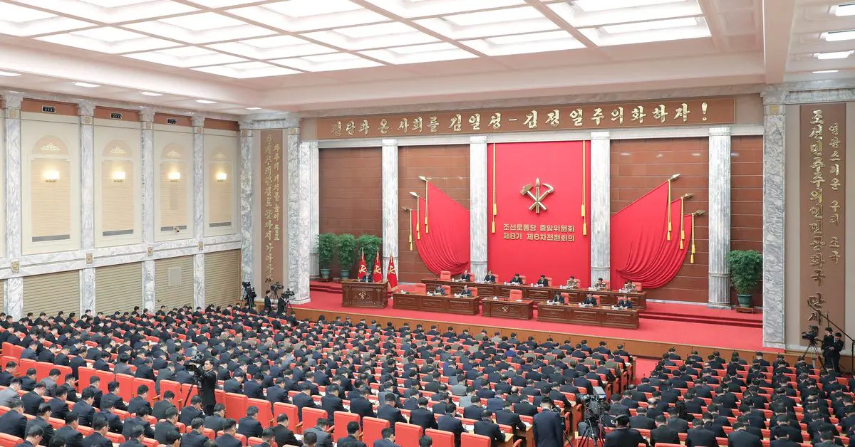 North Korean leader Kim Jong Un attends the sixth enlarged meeting of the eighth Central Committee of the Workers