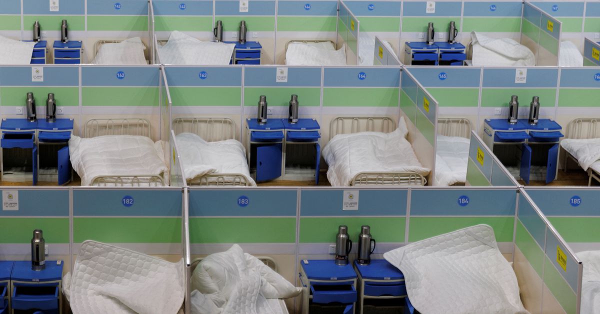 Beds are seen in a fever clinic that was set up in a sports area as COVID-19 outbreaks continue in Beijing