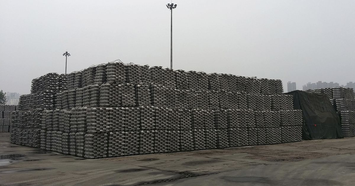 Aluminum ingots are piled up at a bonded storage area at the Dagang Terminal of Qingdao Port
