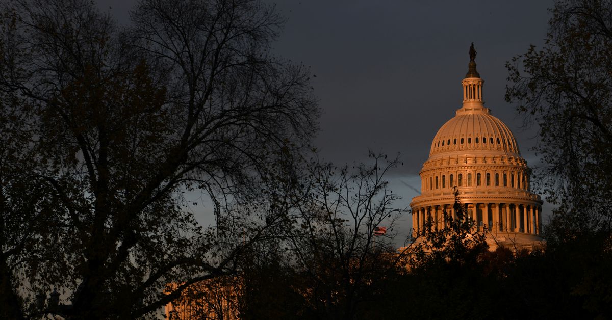 The U.S. Capitol building is pictured at sunset on Capitol Hill in Washington