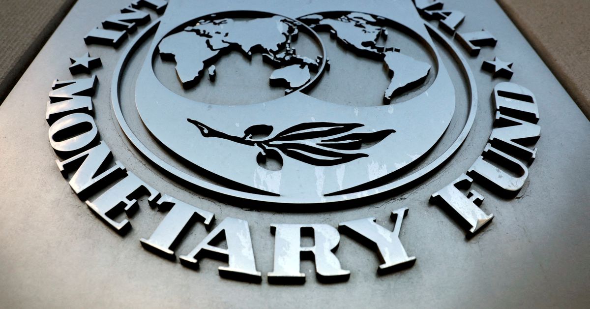 The IMF logo is seen outside the headquarters building in Washington