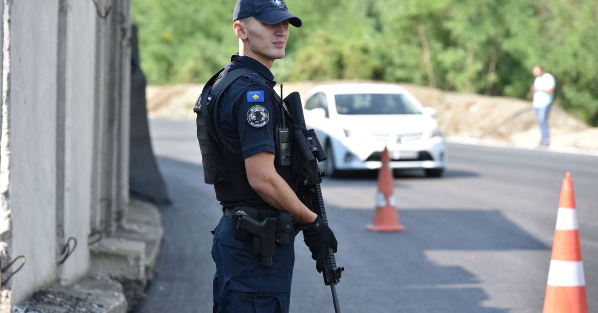 Kosovo special police patrol the area near the border crossing between Kosovo and Serbia in Jarinje