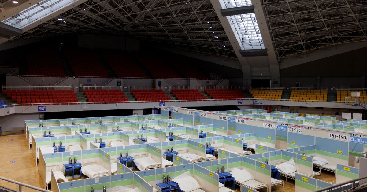 Beds are seen in a fever clinic that was set up in a sports area as COVID-19 outbreaks continue in Beijing