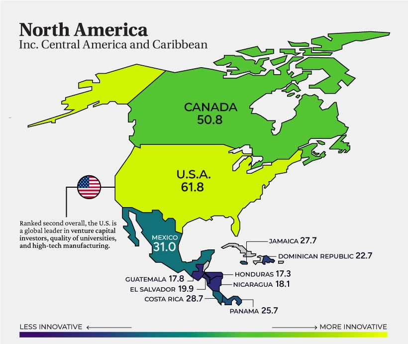 Источник фото: Visual Capitalist. В Северной Америке в рейтинге ниже Казахстана только 5 стран.