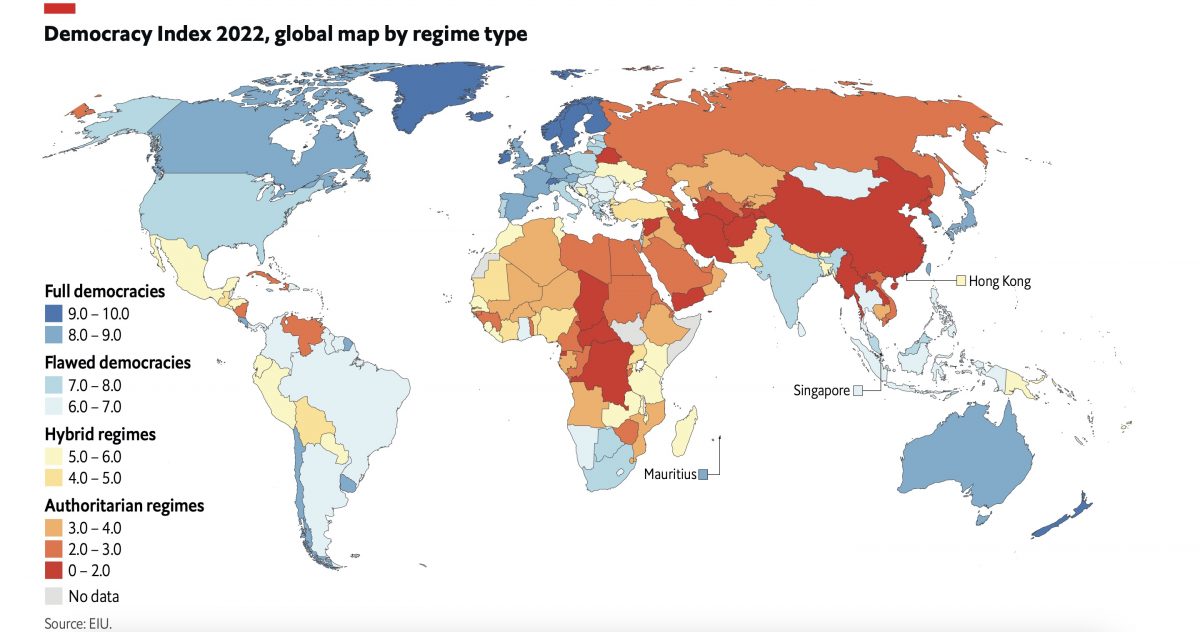 Индекс демократии 2022, глобальная карта по типам режимов