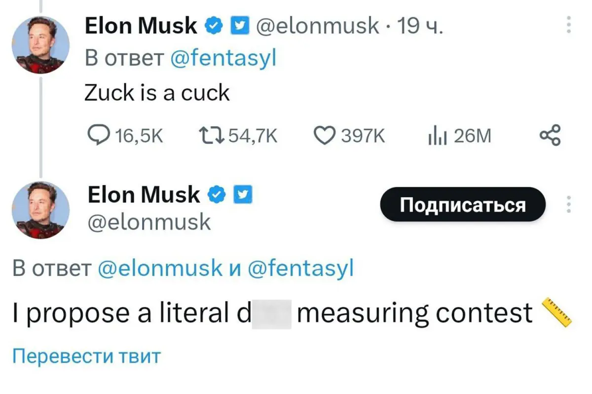 Илон Маск назвал гендиректора Meta куколдом и предложил ему помериться членами